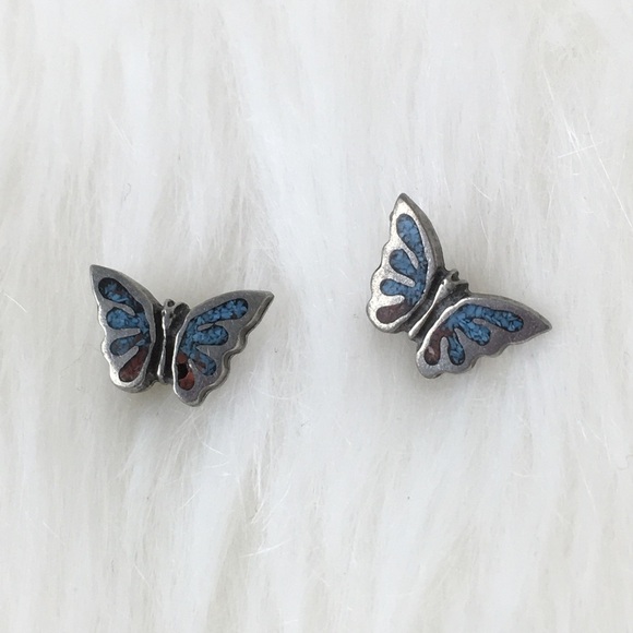 Vintage 80’s Turquoise Butterfly Stud Earrings Chip Inlay Boho Western Retro - Picture 5 of 11